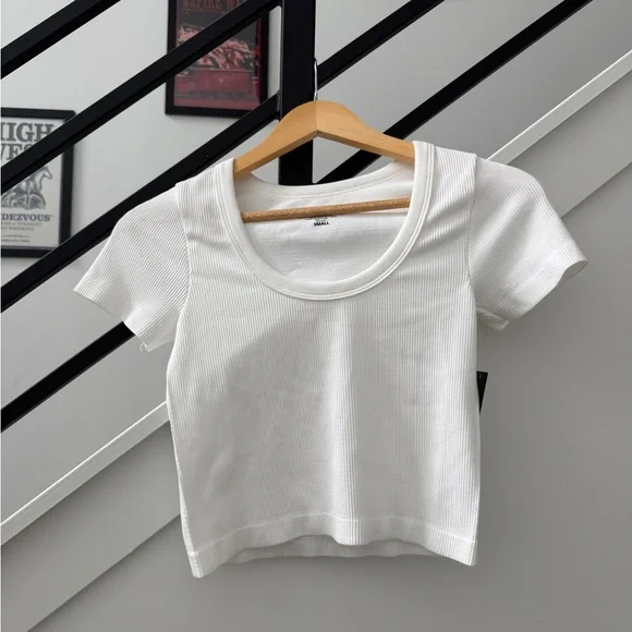 Justify White Ribbed Crop Top Small | Fitted Short Sleeve Scoop Neck - Picture 2 of 4